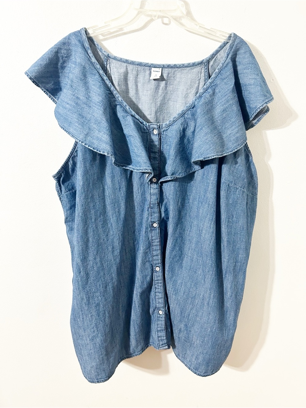 Old Navy 3X Plus Chambray Ruffle Flutter Sleeve Button Front Cotton Blouse